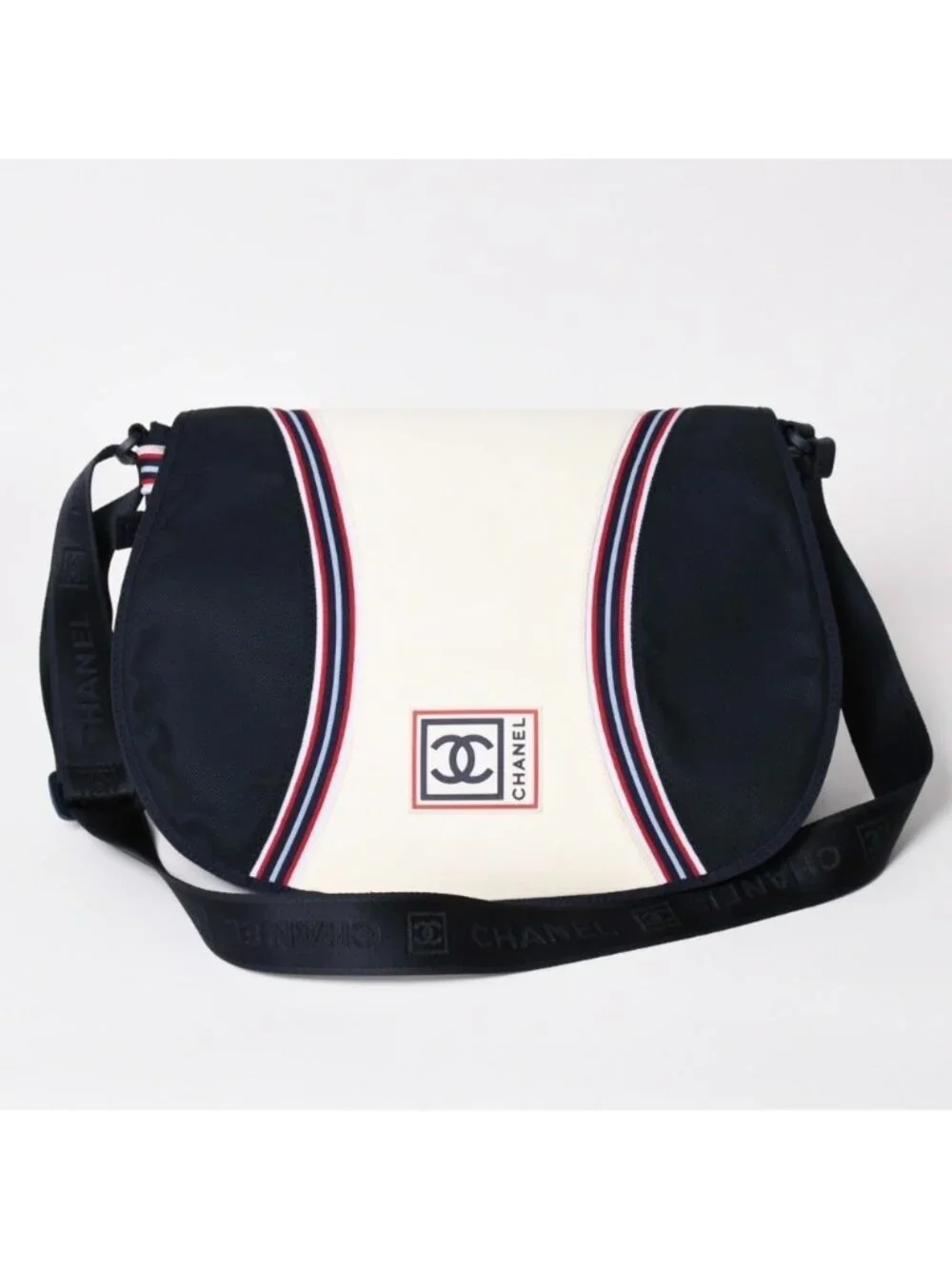 Chanel Sports Line Shoulder Bag CC Logo Navy Ivory Silver